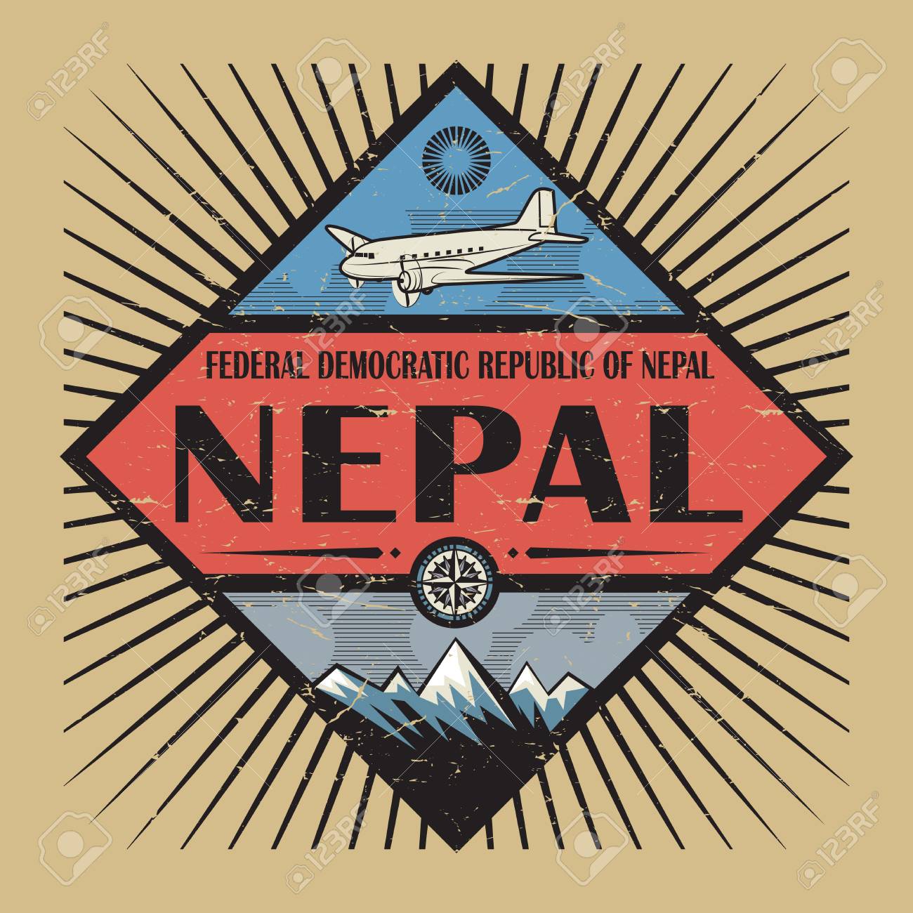 69471072 timbre ou emblème vintage avec avion compas montagnes et texte népal illustration vectorielle